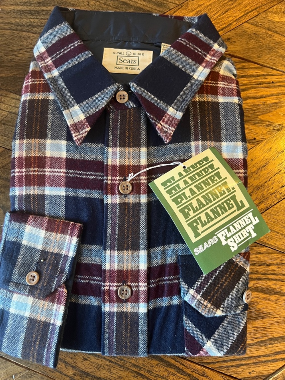 Vintage Sears Navy/Burgundy Plaid Flannel Shirt, New Old Stock, Sz Large X-Tall
